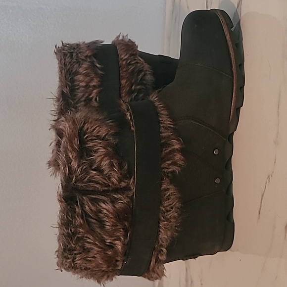 Sorel Joan Of Arctic Deep Gray Leather Suede Faux Fur Wedge Heel Ankle Boots 9 - Picture 7 of 12